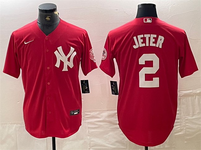 Men's New York Yankees #2 Derek Jeter Red Cool Base Stitched Baseball Jersey